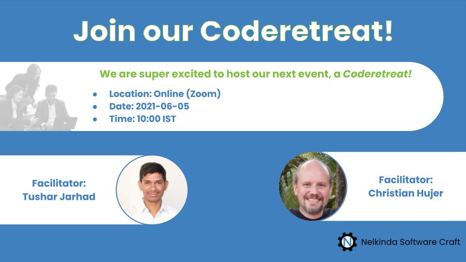 nelkinda's tweet photo. We are super excited to announce our next event, a Coderetreat. Joining us for this event will be Tushar Jarhad, a polyglot programmer with experience in delivering high-quality software in Mobile &amp; Enterprise applications. Register on: https://t.co/ri0PQJWepV
#coderetreat https://t.co/57vLVnvCbP
