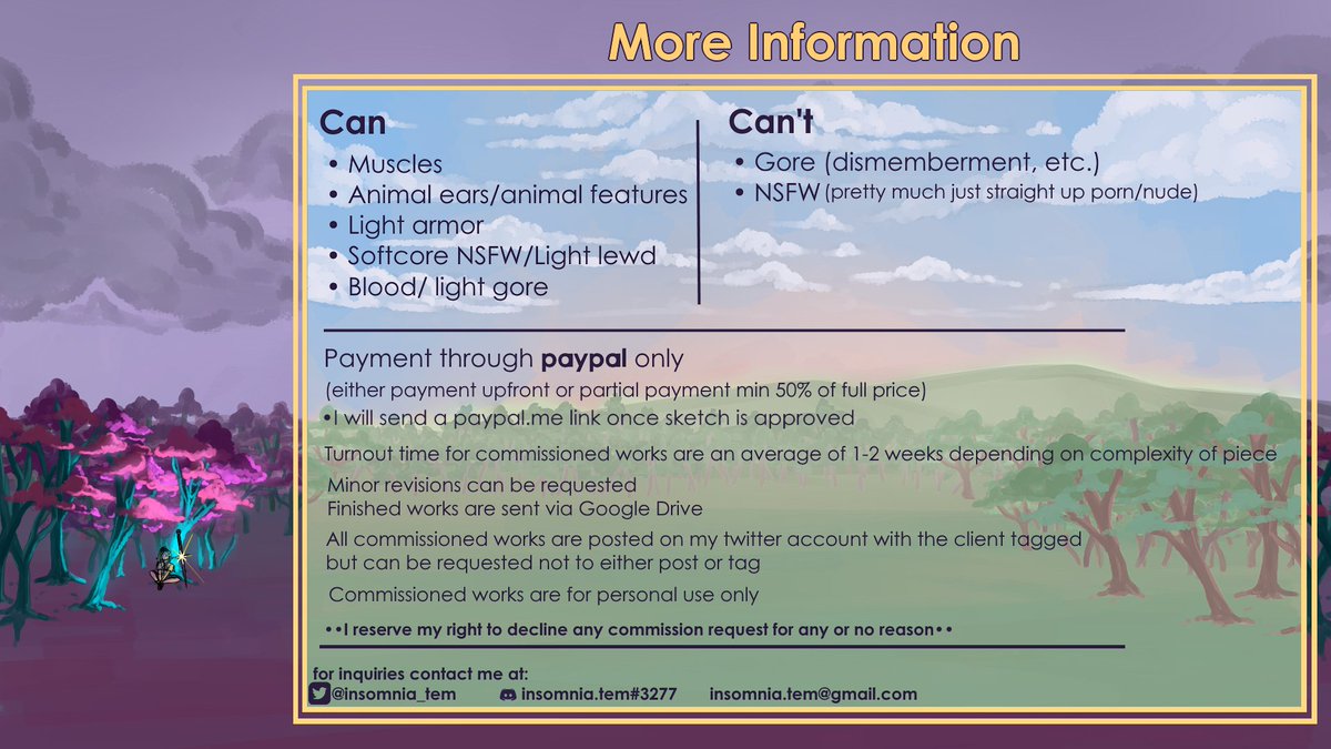 insomnia_tem's tweet image. New commission sheet with updated pricing!
- Comms are open indefinitely
- Will take 5 slots at a time
DM here or Discord (insomnia.tem#3277) for further information or clarification