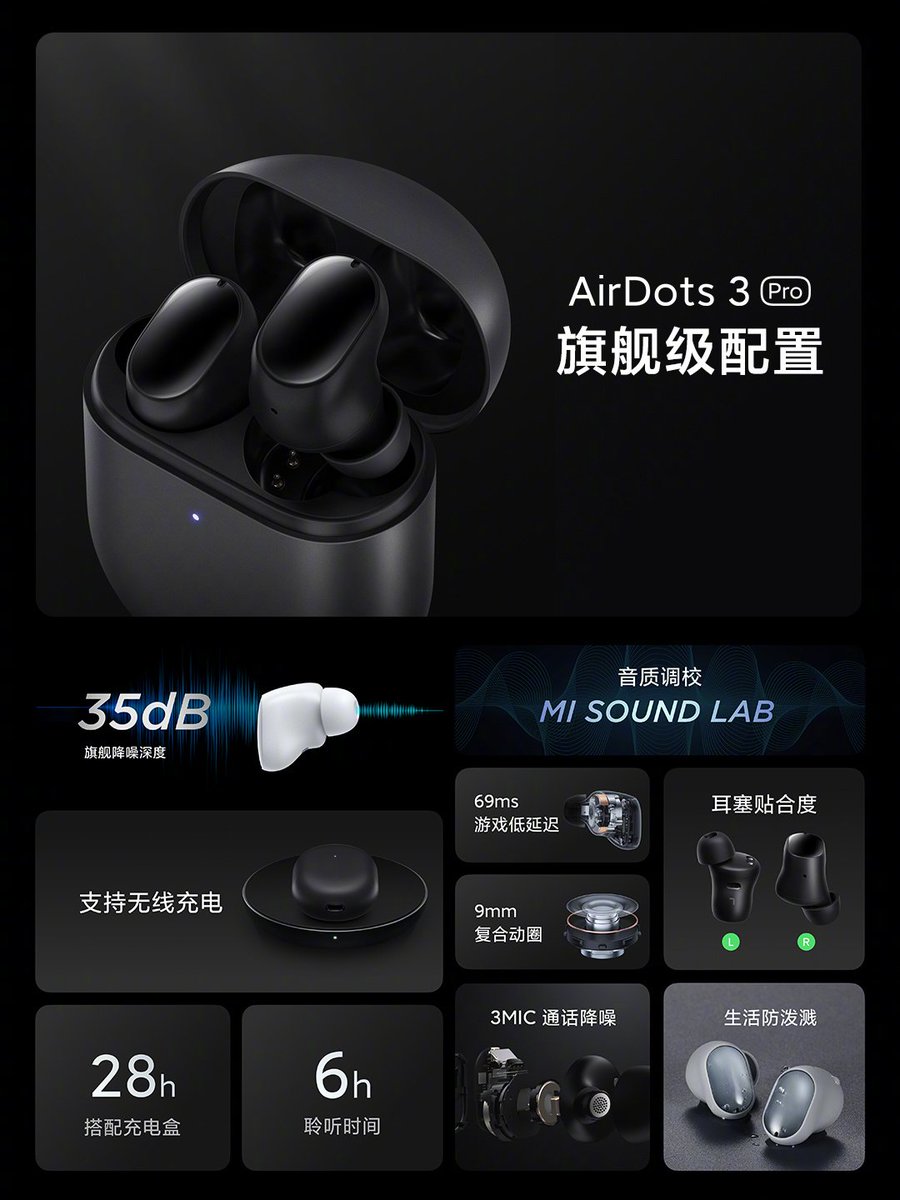TechDecryption's tweet photo. Redmi AirDots 3 Pro Launched
35dB Active Noise Cancellation
9mm Drivers
Wireless Charging
3Mic Noise Reduction
69ms Super Low Latency
Anti Splash Proof
28hrs Playback Time
Priced at ¥299 (~₹3,400)
#RedmiAirdots3Pro #AirDots #AirDots3 #RedmiNote10Ultra #RedmiNote10Pro5G https://t.co/FLYgNpJn7l