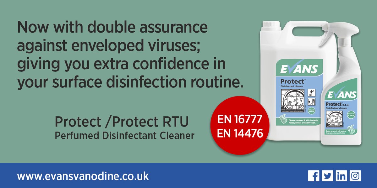 evansvanodine's tweet image. Now with double the assurance against enveloped viruses, including Covid-19.

Read more here: bit.ly/Double_Assuran…
Discover our Covid hub: bit.ly/Covid_Hub

#EN16777 #EN14476 #ENTestMethods #Covid19 #Disinfection #Cleaning #CHSA #Hospitality #Hospitals