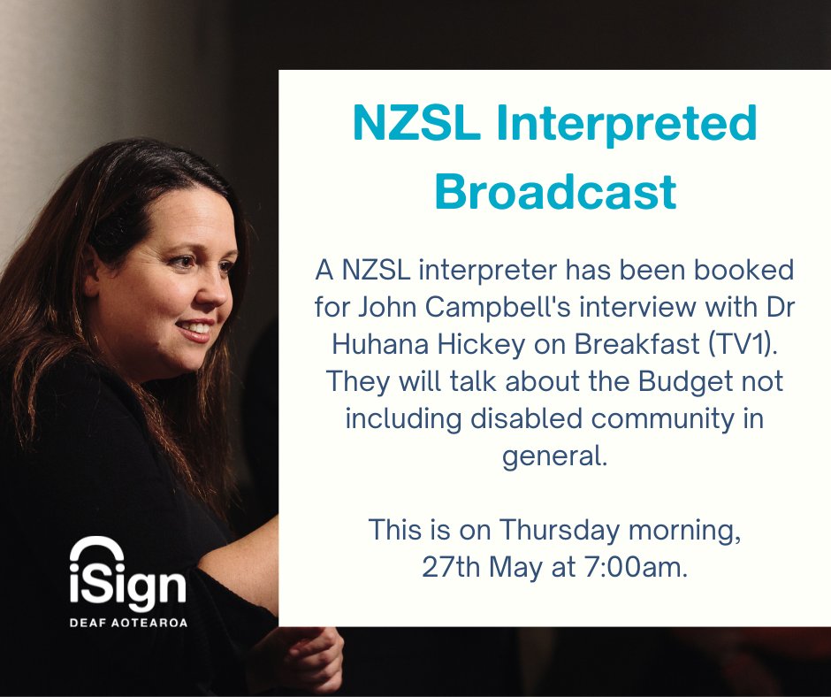 Deaf_Aotearoa's tweet image. A NZSL interpreter has been booked for John Campbell's interview with Dr Huhana Hickey on Breakfast (TV1). They will talk about Budget and its lack of inclusion of the disabled people in general.

This will be on Thursday morning 27th May at 7:00am.