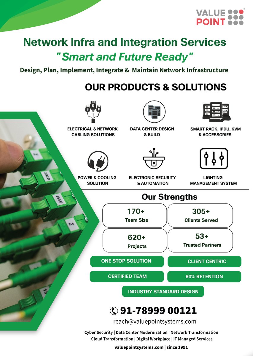 valuepointsys's tweet photo. Network Infra and Integration Services - Smart and Future Ready
Design, Plan, Implement, Integrate & Maintain Network
call us : +91 78999 00121
#networkinfra #network #valuepoint #networksupport #NAC #modernnetwork #wirelessnetwork #automation #itinfrastructure #infrastructure https://t.co/jfRoyXR10o