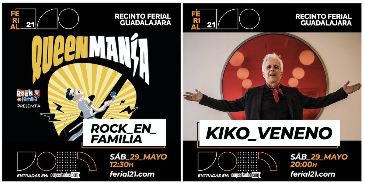 El sábado tienes una cita doble 💞

-12:30h <a href="/ROCKENFAMILIA/">ROCK EN FAMILIA</a> "Queenmanía"
- 20:00h <a href="/KikoVeneno/">Kiko Veneno</a> 
¡Hazte con tus entradas! 👉 concertados.com

#conciertosalairelibre #Guadalajara