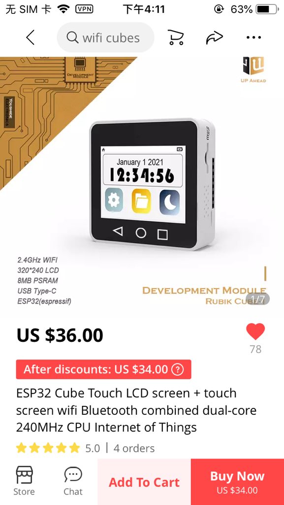 #Aliexpress
US $36.00 | ESP32 Cube Touch LCD screen   touch screen wifi Bluetooth combined dual-core 240MHz CPU Internet of Things
a.aliexpress.com/_mPMHdtL