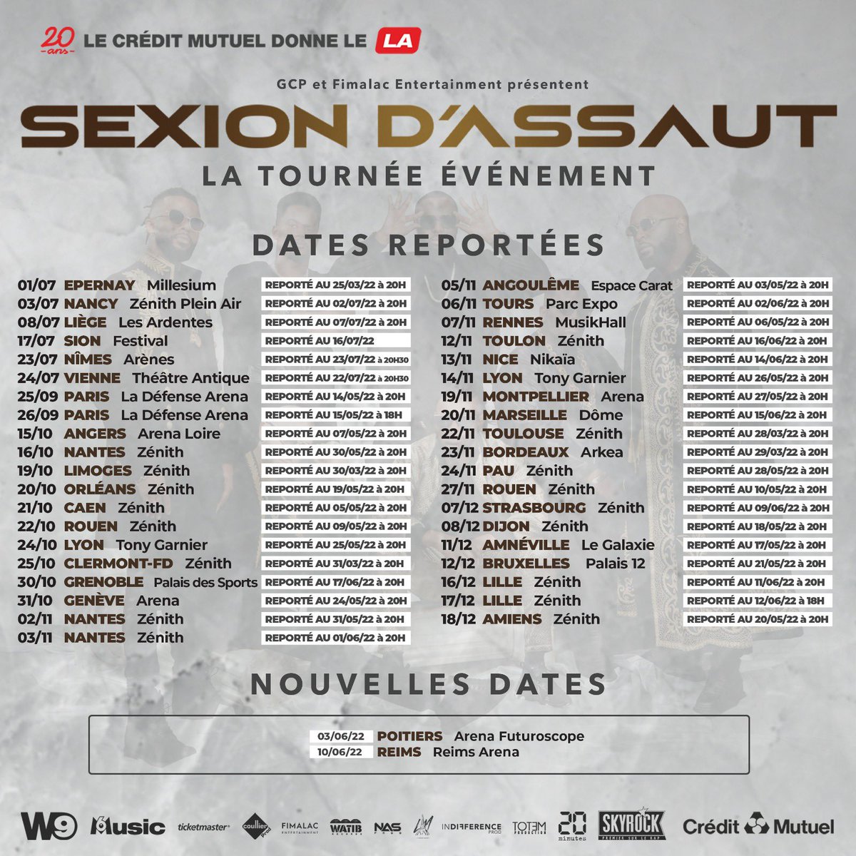 Pour info, le texte pour l'annonce sur les RS: 

🚨
👉 Toutes les informations sur sexiondassautlatournee.com
Pour ceux qui avaient déjà leurs billets pour 2021, vos places restent valables