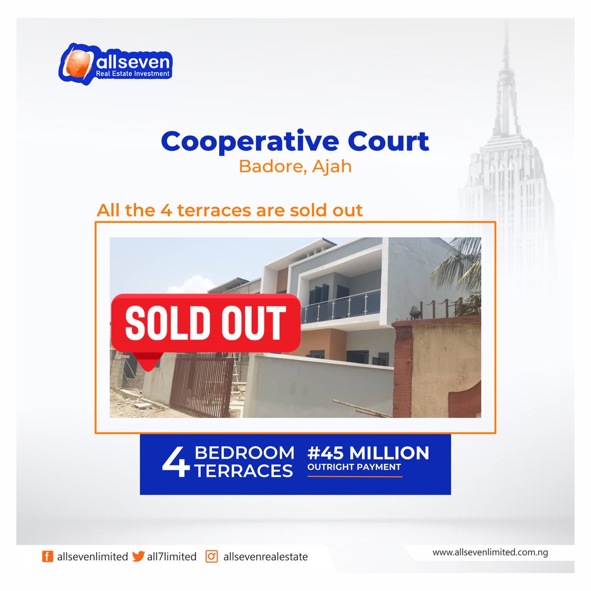 All7limited's tweet photo. Cooperative Court is off the market.
.
If you missed out on this, don’t miss out on other of our properties.

We say a big congratulations to our newest landlords.
.
#realestate
#soldout 
#nigerianidolseason6 
#thevoicenigeriaseason3 
#allsevenrealestateimvestmentlimited https://t.co/B2IjFc1UHl