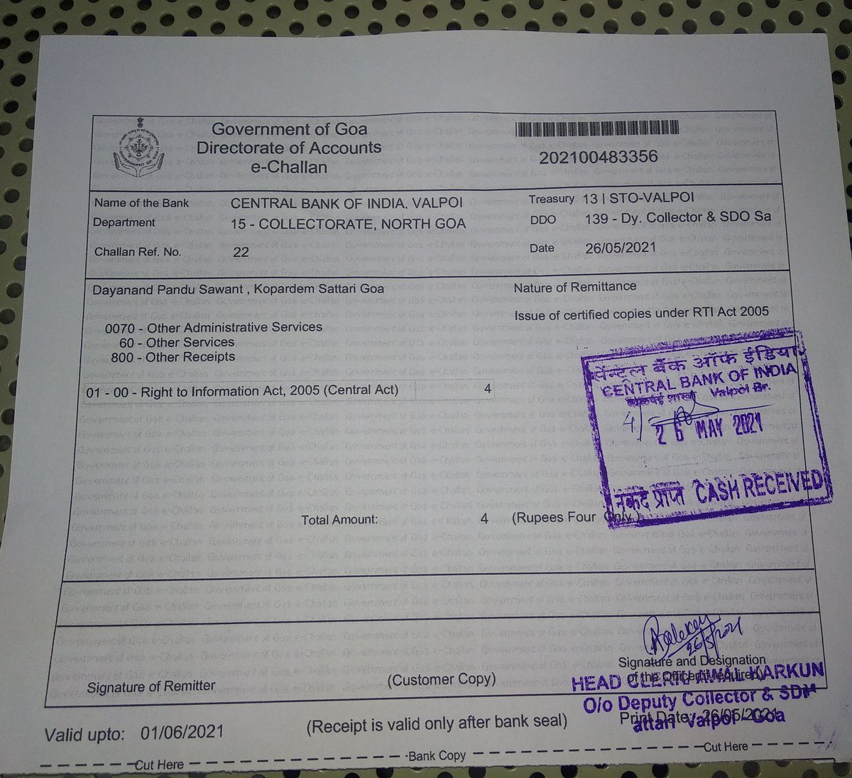 Inspite of doing digital payment Dy Collector of Valpoi still sending people to pay chalan of Rs 4 in Bank. If Govt department only not active on Digital India then what. Just think <a href="/goacm/">CMO Goa</a> <a href="/PrakashWKamatPK/">Prakash W. Kamat</a> <a href="/visrane/">Vishwajit Rane</a> <a href="/PMOIndia/">PMO India</a> <a href="/Coll_NorthGoa/">District Collector & DEO, North Goa</a> <a href="/prudentgoa/">Prudent Media</a>