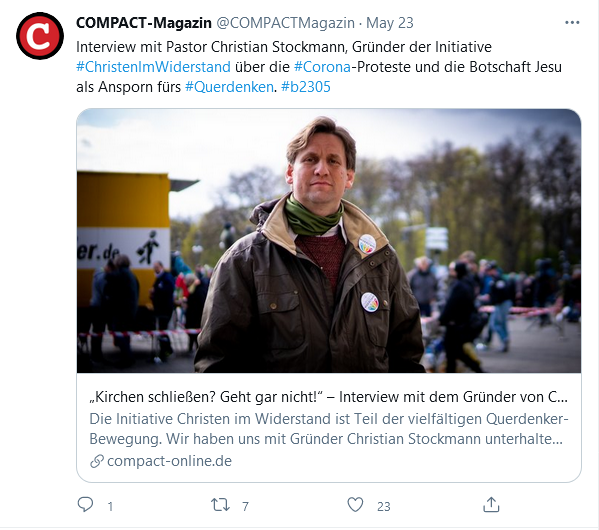 BRechercheteam's tweet photo. Ist das dieses #Querdenken wovon alle reden? Nächsteliebe mit einem vom Verfassungsschutz beobachteten Magazin? So christilich kann der Pastor #ChristianStockmann gar nicht sein, wenn er mit dem #Compact-Magazin kooperiert. Was seine Gemeinde wohl dazu sagt? https://t.co/Df00fYpNRL