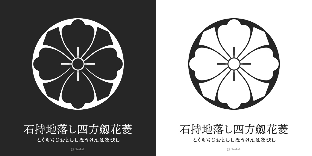 ちびっと Chi Bit 花菱紋 唐花菱紋 現在 地落し 地抜き に変更 6枚目は現在の名称で言うと 石持ち地抜き剣花角 とするのがおそらく正しい 3枚目 丸に剣花菱 4枚目 石持落し花菱 5枚目 石持地落し劔花菱 6枚目 石持地落し四方劔