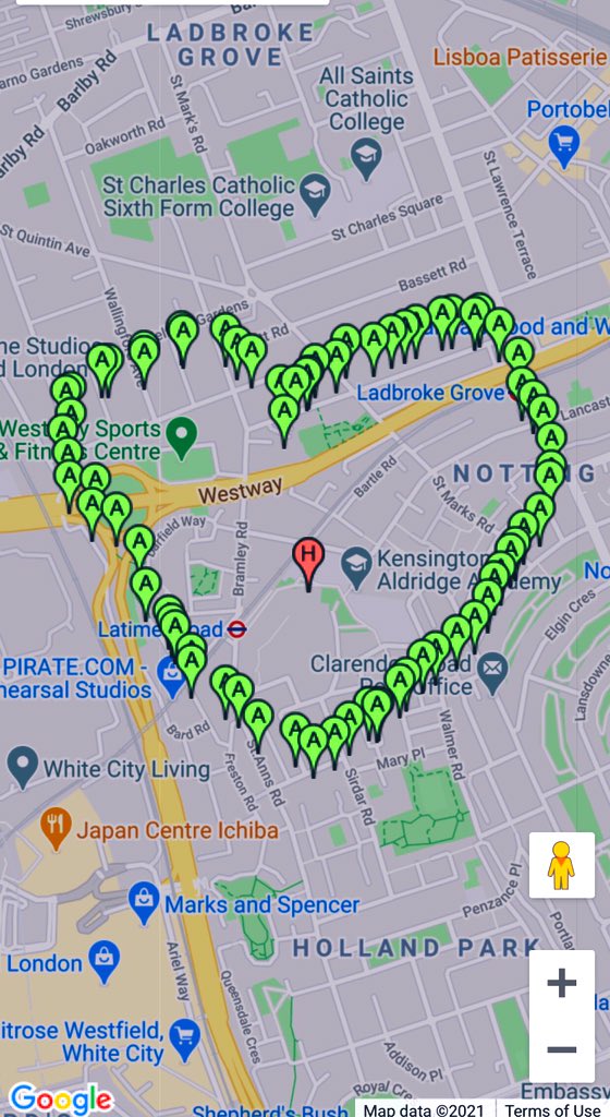 The pins are 72 existing trees around Kensington &amp; Chelsea <a href="/RBKC/">Royal Borough of Kensington and Chelsea</a> 

The Grenfell tower is at the centre of the heart 💚

<a href="/Trees4Grenfell_/">Trees4Grenfell CIC</a>  <a href="/GrenfellUnited/">Grenfell United</a> <a href="/GrenfellTowerMC/">Grenfell Tower Memorial Commission</a> <a href="/GardensHope/">Hope Gardens</a> @helloLancWest  <a href="/LancasterVoices/">LANCASTER WEST RESIDENTS VOICES</a> <a href="/TreesWornington/">Wornington Trees</a> <a href="/GrenfellHIR/">Grenfell Humanitarian Information Report</a>