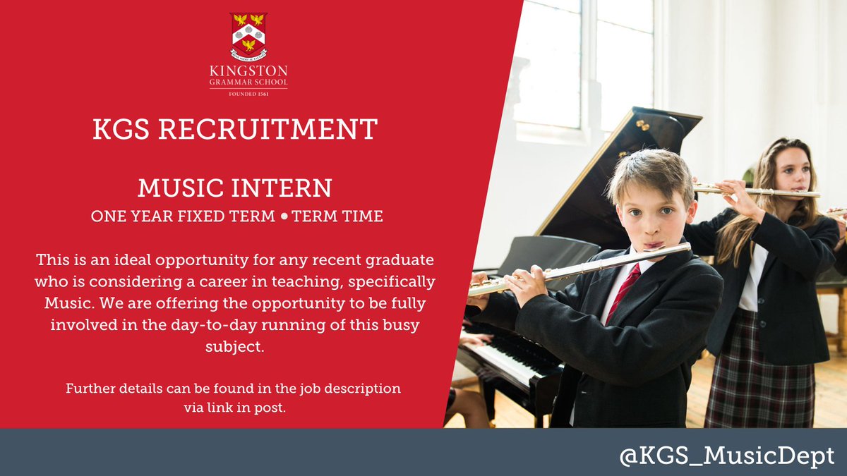 KGS1561's tweet photo. Our @KGS_Music Department is looking for a Music Intern to join its popular department. Find out more and apply here https://t.co/inuEMo1SWJ
This could be the role for you @eteach #MusicIntern #joinus #paid 🎵🎶🎼 https://t.co/9L3JmElN0z