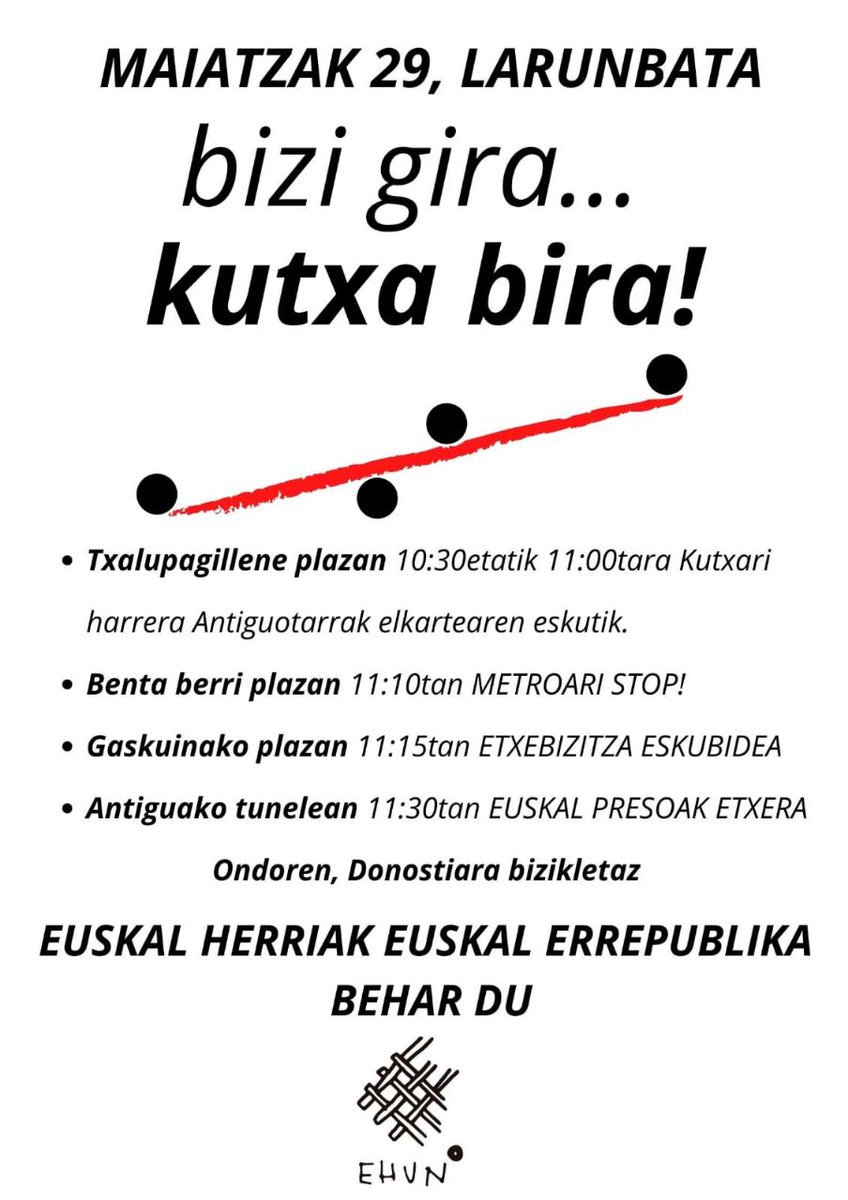 ehunduz's tweet photo. Hemen larunbateko egitarau guztia bi txiotan.
#burujanetzairaultza.z #euskalerrepublika https://t.co/ayONlv3NE4