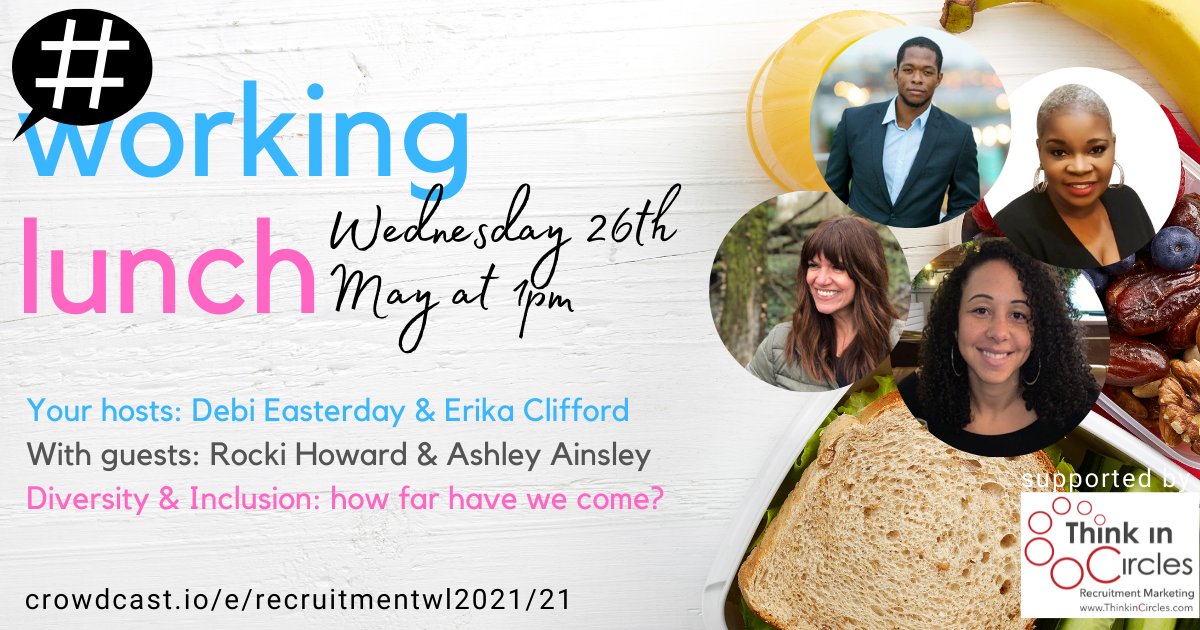 DebiEasterday's tweet photo. On TODAY's #WorkingLunch: "Diversity &amp; Inclusion: how far have we come?"  🤔 myself and Erika Clifford will be joined by special guests Rocki Howard (Chief Diversity Officer at SmartRecruiters) and Ashleigh Ainsley (Co-founder of Colorintech). 🔗 https://t.co/zCSE6tDhPx https://t.co/Cmr0XNdR3z