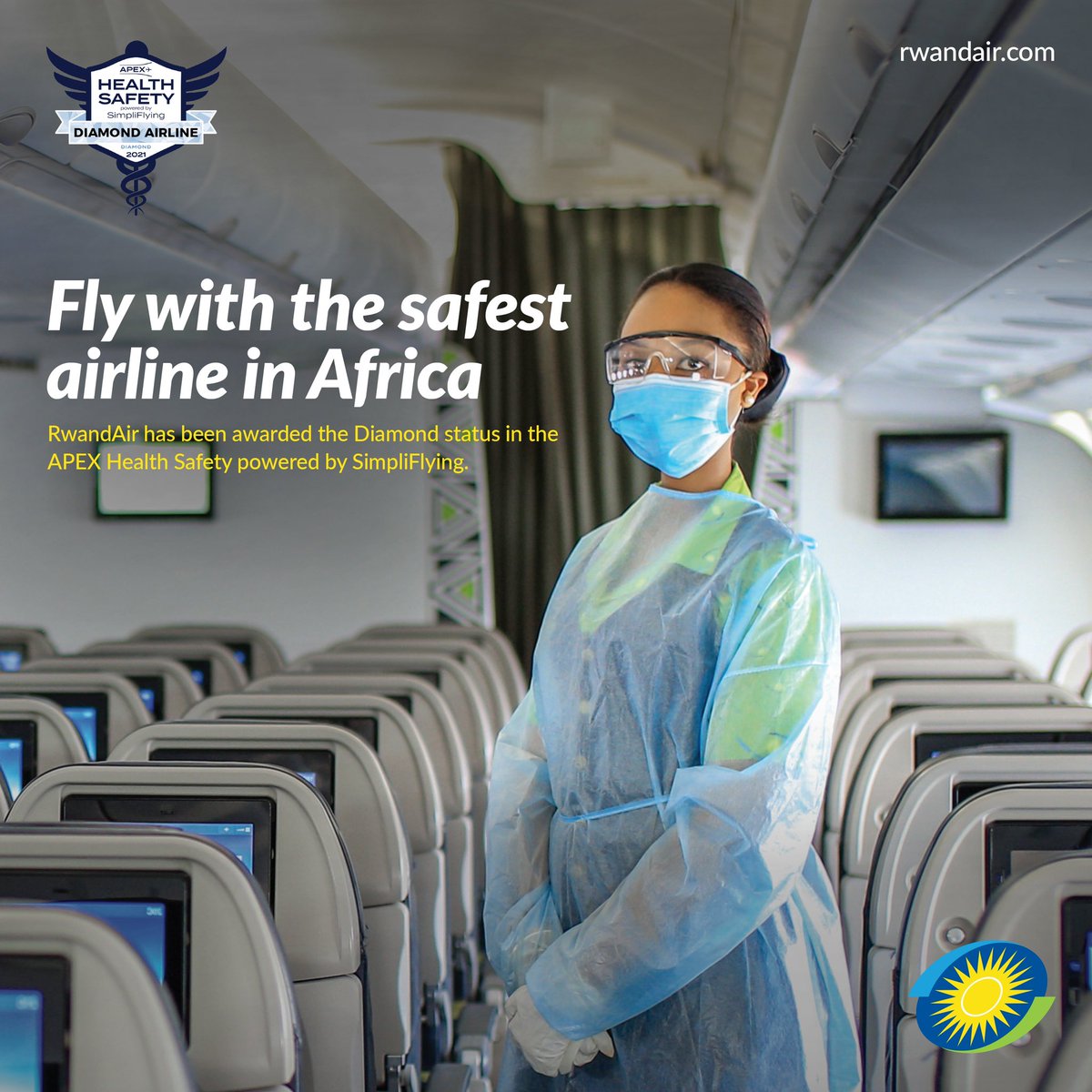 FlyRwandAir's tweet photo. We’re proud to be the first airline in Africa to receive the Diamond status from the APEX association powered by SimpliFlying for the Best Airline in the field of health Safety.

Read more: https://t.co/XZdDKap9ol

#FlyTheDreamOfAfrica #FlySafeWithUs #APEX https://t.co/fcFG6UAitE