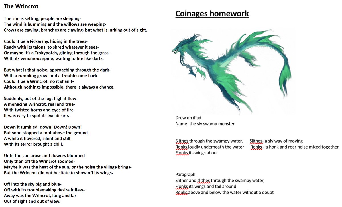 CambourneVC's tweet photo. Mrs Coleridge: "Last week Year 7 pupils enjoyed ‘The Jabberwocky’ and made up some creatures of their own, including coinages or neologisms (new words) to go with them!" Very well done! 👏👏👏 #thejabberwocky #coinages #neologisms #funwithpoetry https://t.co/XhJlWNljhv