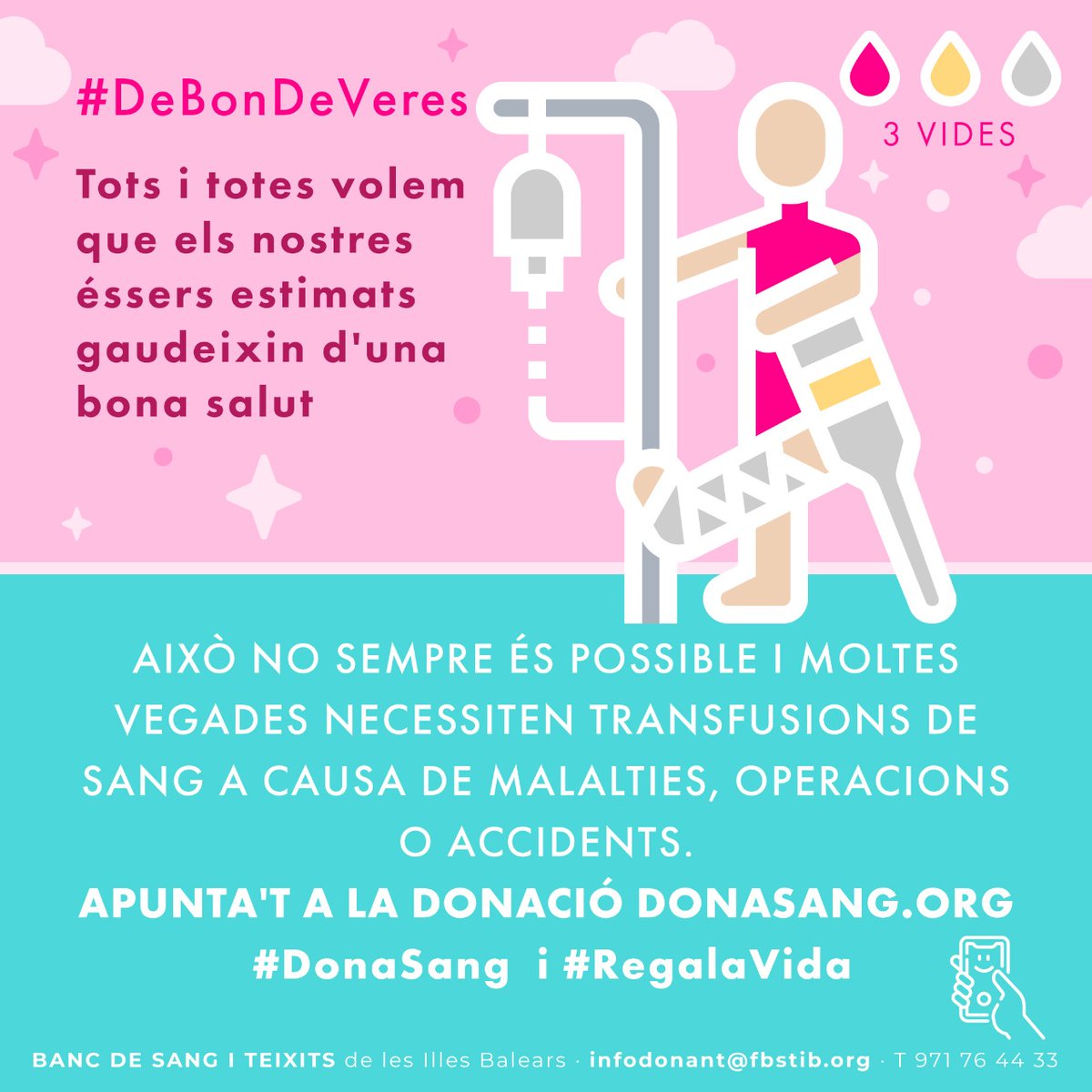 #DeBonDeVeres🤓
Tots i totes volem que els nostres éssers estimats gaudeixin d'una bona salut, no obstant això no sempre és possible i moltes vegades necessiten transfusions de sang a causa de malalties, operacions o accidents. Fes-te donant de sang💪, cada donació salva 3 vides