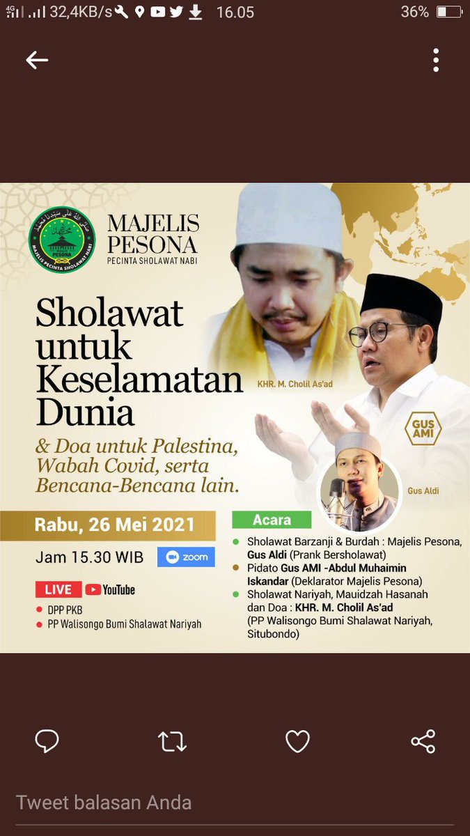 Melalui Sholawat, semoga seluruh ummat islam khususnya dan dunia pada umumnya, diberi kedamaian oleh Allah SWT. Aamiin. 
#GusAmiBersholawat 
<a href="/halimiskandarnu/">ABDUL HALIM ISKANDAR</a> 
<a href="/DPP_PKB/">DPP PKB</a> 
<a href="/cakimiNOW/">A Muhaimin Iskandar</a>