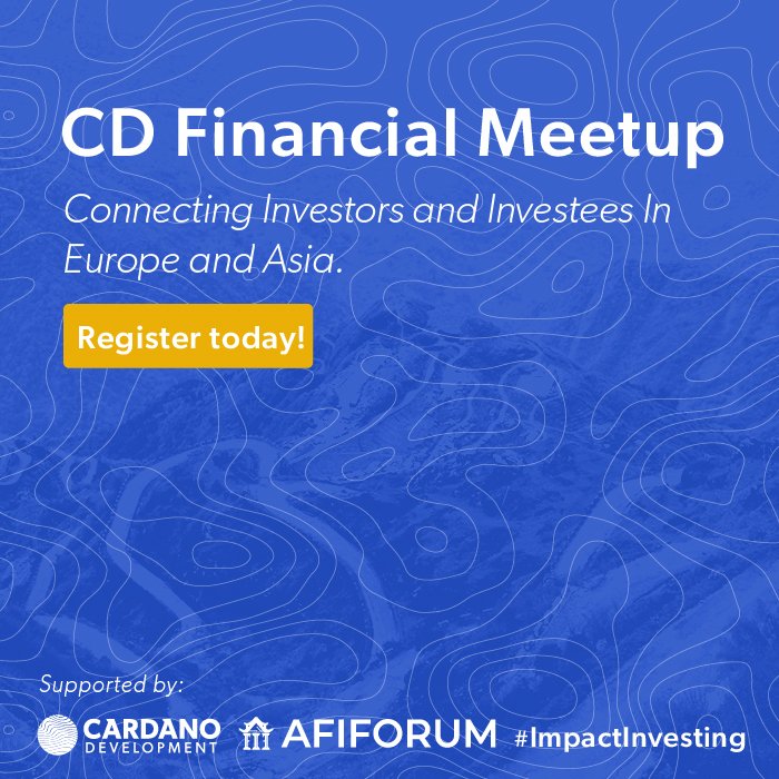 Cardano Development (@cardanodev) on Twitter photo 100+ Impact Investors and Investees have registered for <a href="/CardanoDev/">Cardano Development</a>’s Financial Meetup Asia on June 8th and 9th. 09:30 - 12:30 CET | 14:30 - 17:30 ICT.
Don’t miss out! Register👉bit.ly/3vmZ6RJ
Supported by <a href="/AFIFORUM/">Footlight International</a>
#impactinvesting #CDInsights 100+ Impact Investors and Investees have registered for <a href="/CardanoDev/">Cardano Development</a>’s Financial Meetup Asia on June 8th and 9th. 09:30 - 12:30 CET | 14:30 - 17:30 ICT.
Don’t miss out! Register👉bit.ly/3vmZ6RJ
Supported by <a href="/AFIFORUM/">Footlight International</a>
#impactinvesting #CDInsights