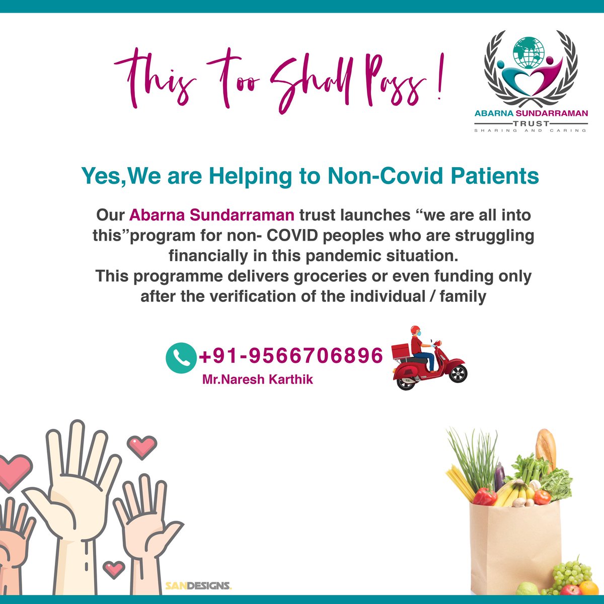 AbarnaSRaman's tweet photo. We are providing free groceries for needy people

The list what we giving 

1. Rice 5kg
2. Oil 1ltr
3. Tamarind - 1/2kg
4. Black channa - 1/2kg
5. Toor dal - 1kg 
6. Moong dal - 1/2kg 
7. Mustard- 100gm 
8. Jeera - 100gm 
9. Aata - 1kg 
10. Rava - 1kg 
.
.
#AbarnaSundarramanTrust https://t.co/p7Iclb3KJJ