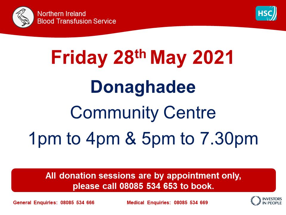 GiveBloodNI's tweet photo. Calling all donors in Donaghadee! We are asking for your help, as we still have nearly 50% of our appointments available to donate blood this Friday. To book your slot please give us a call on 08085 534 653. Thank you ♥️ @ANDborough @setrust https://t.co/S1cfiGH060