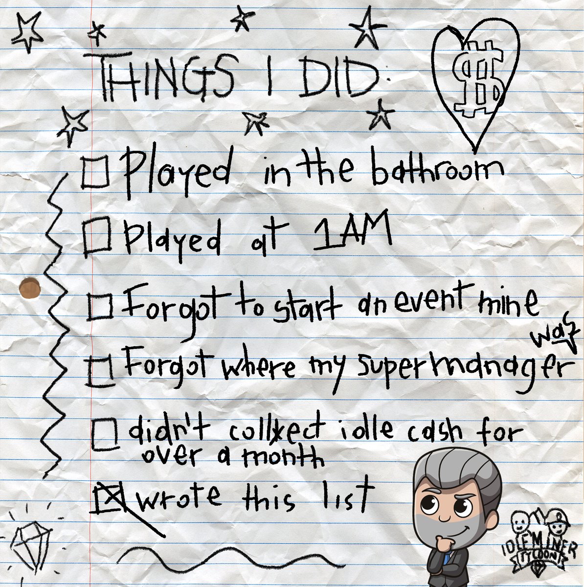 IdleMiner's tweet photo. 😁So many things to do, so little time! ⏰ Which of these things have you done while playing Idle Miner? 😄

#idleminertycoon #todolist #thingsdone #littletime https://t.co/ViC12ygixE