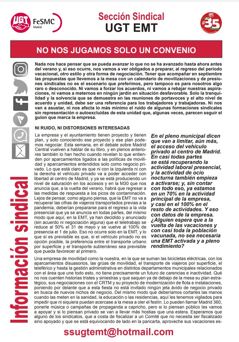 UgtEmtMadrid's tweet photo. 📝 La empresa y el ayuntamiento tienen proyecto y tienen plan, y solo conociendo ese proyecto y ese plan podemos negociar

☝️ NO HAY MOTIVOS PARA 
NEGOCIAR CON MIEDO NI A 
LA DEFENSIVA

📢 "Un convenio a la madrileña en el que no falte de ná". Eso queremos... https://t.co/BZykm8o1Nm