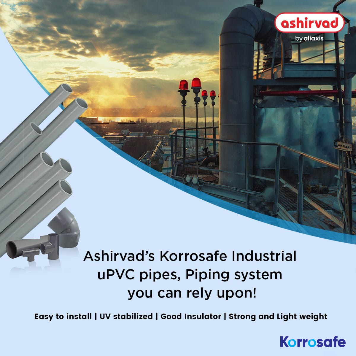 Ashirvadpipe's tweet photo. The Made In India Ashirvad Korrosafe comes with exceptional chemical resistance, superior underground performance, and outstanding resistance to ignition, which makes Korrosafe Industrial Pipes one of the best options for each application.

#AshivardPipes #IndustrialProduct https://t.co/3gGv7IFbN4