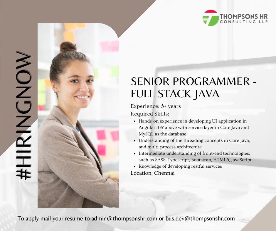 ThompsonsHRC's tweet image. #JobAlert: Looking for #SeniorProgrammer - #FullStack #Java with minimum 5 years exp in #Chennai for our #ITES Client. Reach us at admin@thompsonshr.com or bus.dev@thompsonshr.com to apply.
#HiringNow #ChennaiJobs