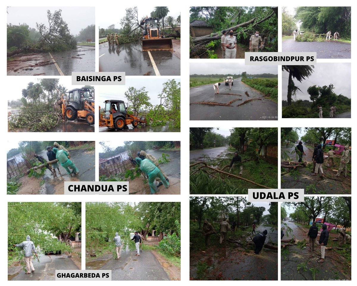 odishafightback's tweet photo. In spite of heavy rain and cyclonic wind, Mayurbhanj Police took it as challenge and ensuring immediate response in  clearance of road ways as huge number Of uprooted trees laying on road.

#CycloneYAAS #OdishaFightsBack #OdishaFightsYaas #YaasCyclone #YaasCycloneUpdate https://t.co/9U63NLZY8S