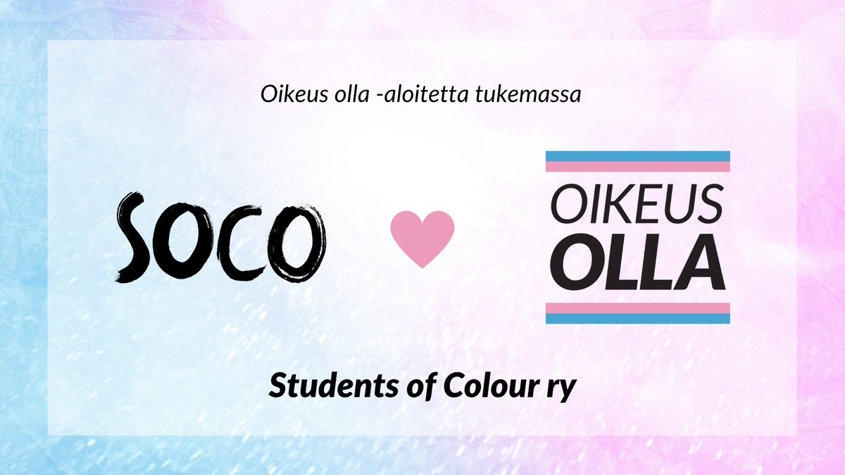 SOCO | Students of Colour ry (@socohelsinki) on Twitter photo Vielä vajaa viikko aikaa allekirjoittaa <a href="/oikeusolla/">Oikeus olla</a> kansalaisaloite transihmisten oikeusten edistämiseksi. Linkki biossa!
There's still a little under a week to sign the <a href="/oikeusolla/">Oikeus olla</a> citizen's initiative for improving trans lives. Link in bio!
#oikeusolla #translakinyt Vielä vajaa viikko aikaa allekirjoittaa <a href="/oikeusolla/">Oikeus olla</a> kansalaisaloite transihmisten oikeusten edistämiseksi. Linkki biossa!
There's still a little under a week to sign the <a href="/oikeusolla/">Oikeus olla</a> citizen's initiative for improving trans lives. Link in bio!
#oikeusolla #translakinyt