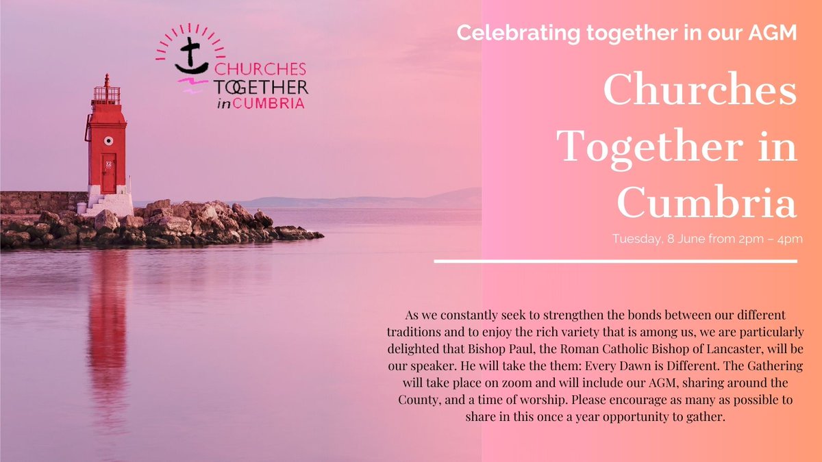 CTICumbria's tweet photo. CELEBRATING TOGETHER with CTiC's ANNUAL GENERAL MEETING. 
Tuesday, 8 June from 2pm – 4pm

Please email ebctic@outlook.com to book your place.

#CTiC #CumbriaChurches #Church #Cumbria #AGM https://t.co/bGATFno3vQ