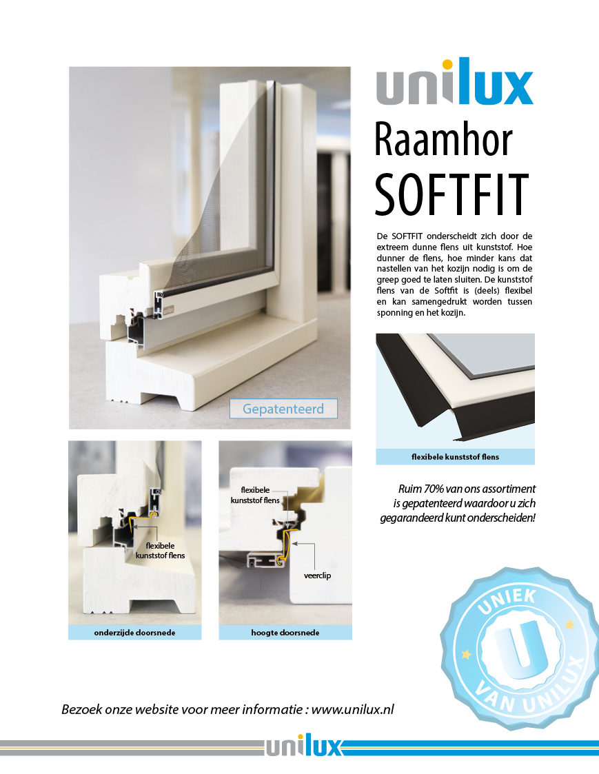 Raamhor SOFTFIT die zich onderscheidt door de (deels) flexibele, dunne, kunststof flens. Deze wordt samengedrukt tussen sponning en kozijn zodat nastellen om de greep goed te laten sluiten, niet nodig is.  unilux.nl #uniluxhorren #insectenwering  #horrenspecialist