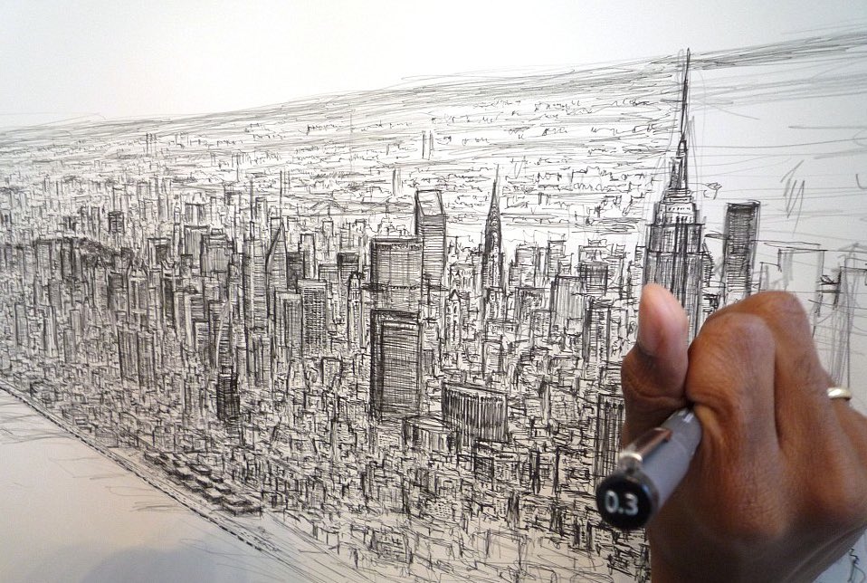 Bouteflikov's tweet photo. En 2009, après avoir vu New-York une seule fois pendant plusieurs minutes depuis un hélicoptère au-dessus de la ville, Stephen Wiltshire, un artiste autiste, a dessiné en détails toute la ligne d'horizon de New York avec un stylo ... et seulement de mémoire. https://t.co/7P3yOwAmIN