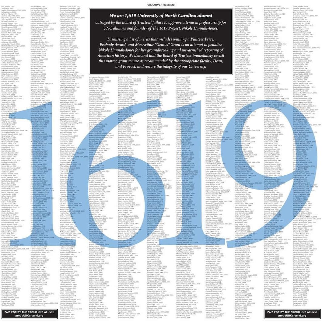 TheLABSaga's tweet photo. 1,619 University of North Carolina at Chapel Hill alumni outraged by the Board of Trustees' failure to approve a tenured professorship for UNC alumna and founder of The 1619 Project, Nikole Hannah-Jones, organized to express our thoughts.
#ProudUNCAlumni #1619TarHeelsTogether https://t.co/PpLk7f7RB9