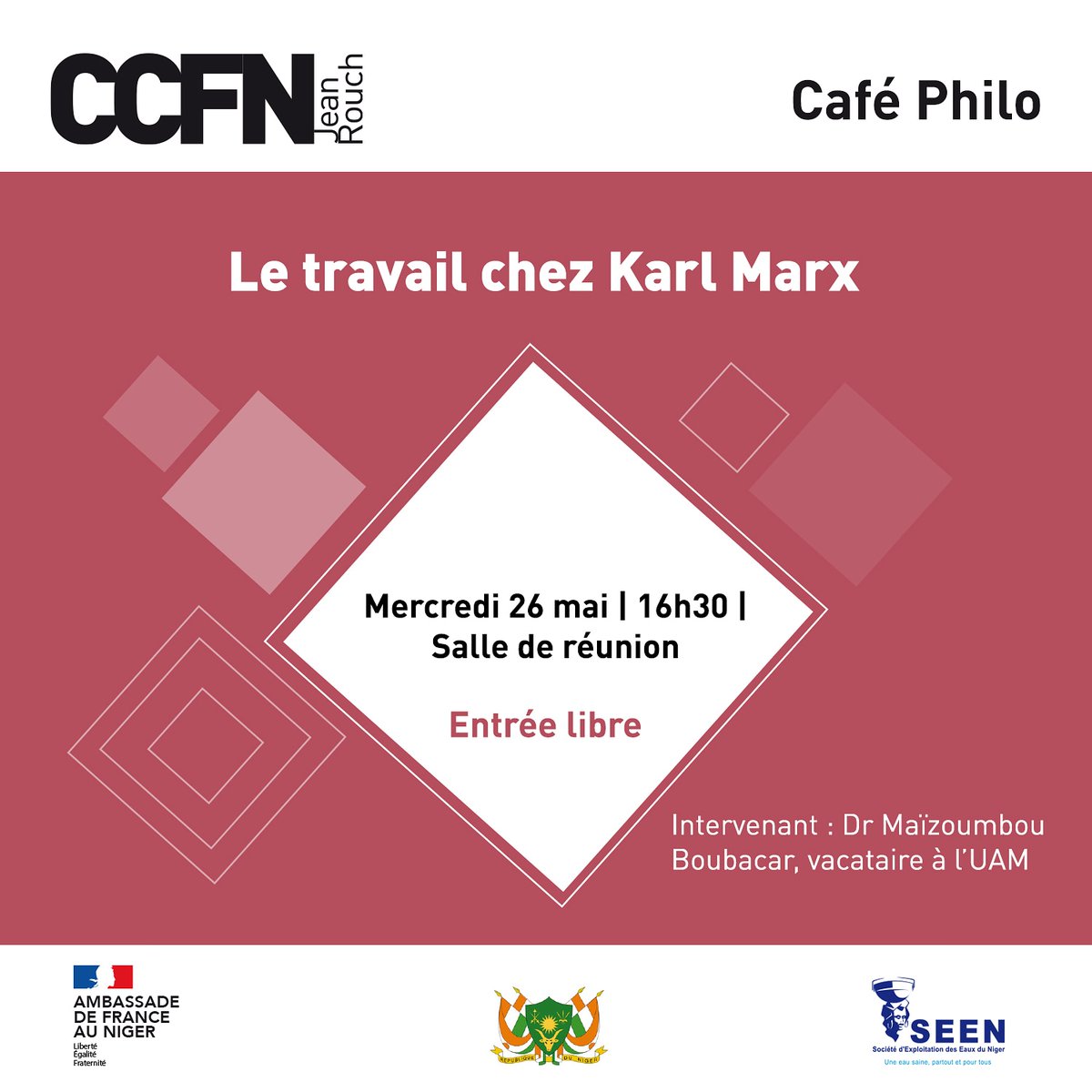 💡 #CaféPhilo

Le Département de #Philosophie, Culture et Communication de l’UAM présente le nouveau rendez-vous Café Philo consacré au Travail chez #KarlMarx.

➡️ Mercredi 26 mai | 16h30 | Entrée libre