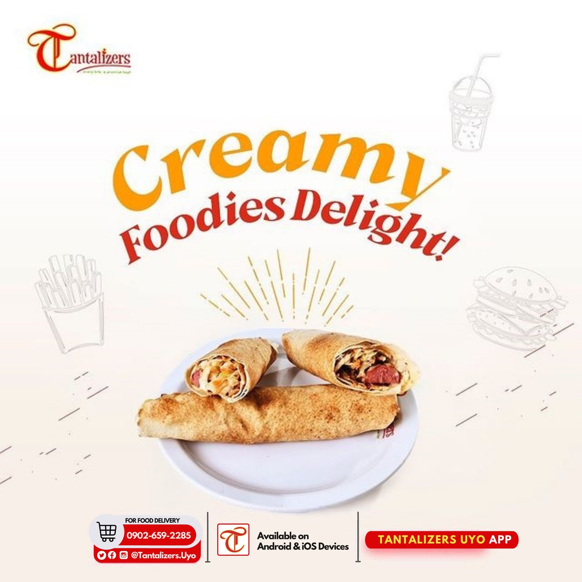 TantalizersUyo's tweet photo. Happy Wednesday, guys!!!
What a day to pause and give yourself treat for surviving Monday and Tuesday. Indulge your tastebuds today by ordering our Creamy Shawarma Delight, made for your cravings only.

To order now, download the Tantalizers Uyo App or Call 0902-659-2285 and ... https://t.co/qqBh3iY7qX