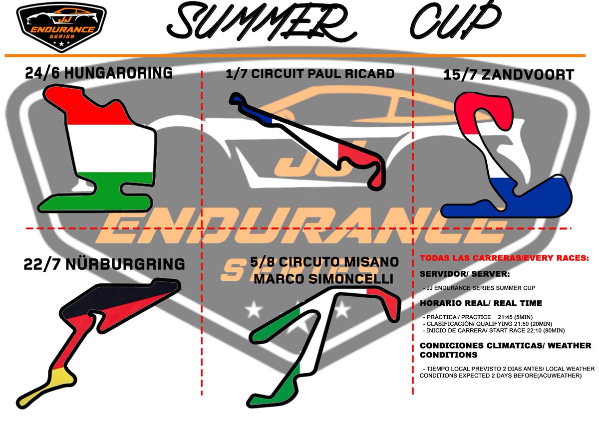 RealRacingExp's tweet photo. Abiertas las #inscripciones para nuestra #Summer #Cup de #ACC hasta el próximo 20 de #junio. #Campeonato por equipos, no os quedéis sin vuestra plaza.
Mas #info: https://t.co/vtTKLFYweS
#Discord #Simracing #esports #Kunos #Asetto https://t.co/CoyBwkERdZ