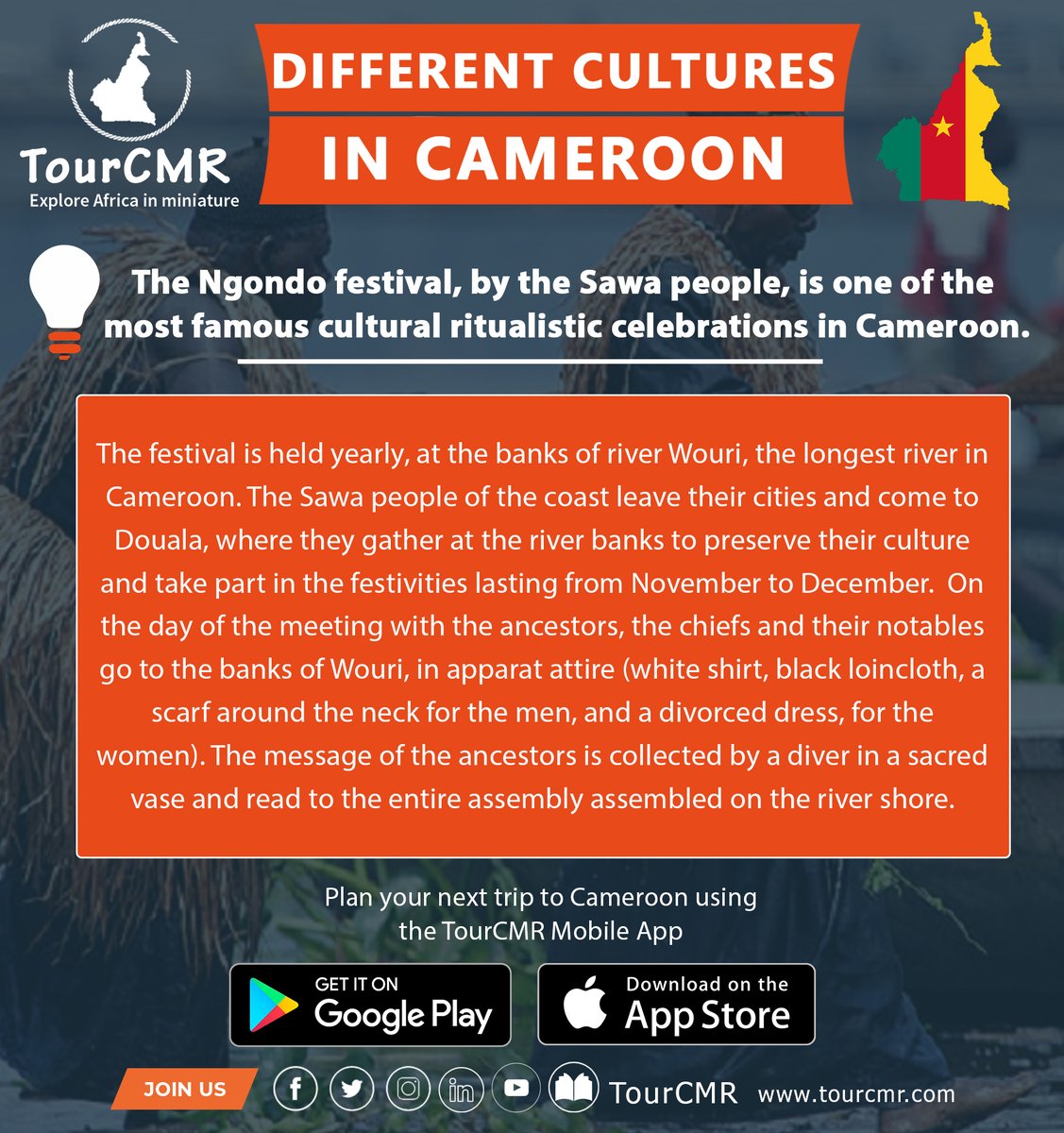 TourCmrApp's tweet photo. DIFFERENT CULTURES IN CAMEROON🇨🇲🇨🇲
Le festival Ngondo, organisé par le peuple sawa, est l'une des célébrations culturelles rituelles les plus célèbres du Cameroun.
#tourCmr #tourCameroon #exploreCameroon https://t.co/3Pzaz8kJ2s