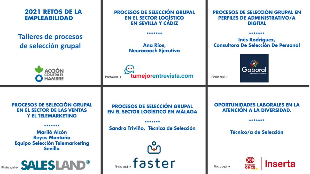 Comienzan los talleres de selección grupal de las Escuelas de Empleo de <a href="/Acontraelhambre/">Acción contra el Hambre España</a> en Sevilla, Cádiz y Málaga en los sectores logística, gestión administrativa digital, ventas y telemarketing con Ana Ríos, <a href="/Gaboral/">Gaboral</a> @GrupoSalesland Faster, <a href="/insertandalucia/">Inserta Andalucia</a> <a href="/Fundacion_ONCE/">Fundación ONCE</a>