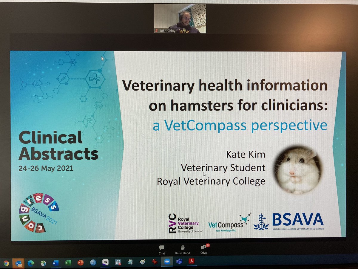 CompassVet's tweet photo. How refreshing to finally see research presented on hamsters: one of the UKโs most popular pets. Kate Kim explored the health of 4000 hamsters in a VetCompass study at BSAVA Clincial Abstracts #vetcompass @BSAVACONGRESS https://t.co/ejIumS3Otm