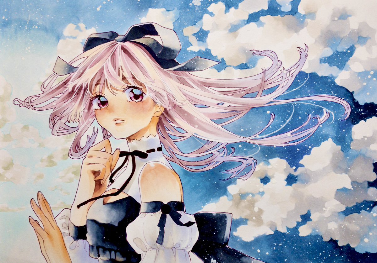 1girl solo cloud sky traditional media ribbon pink hair  illustration images