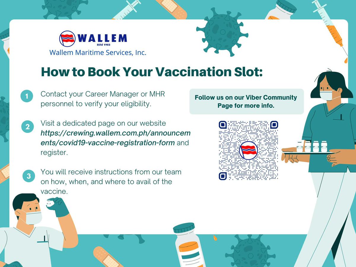BETTER DAYS AHEAD.

WMSI COVID19 VACCINATION PROGRAM UPDATE : Book your Vaccination Slot now by completing our COVID19 Vaccine - Official Registration Form. 

crewing.wallem.com.ph/announcements/…

#WMSICOVID19VaccinationProgram #BetterCrewing #GenerationWallem