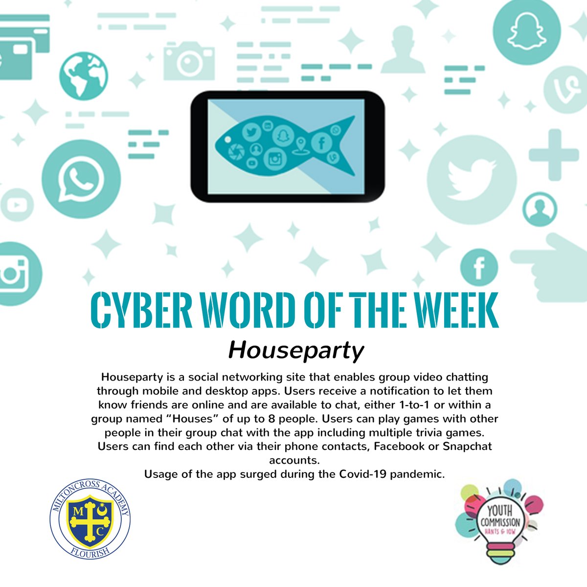 MiltoncrossAcad's tweet image. It&apos;s time for our latest #CyberWordOfTheWeek.

This time our #mxcyberambassadors explain &quot;Houseparty&quot;.