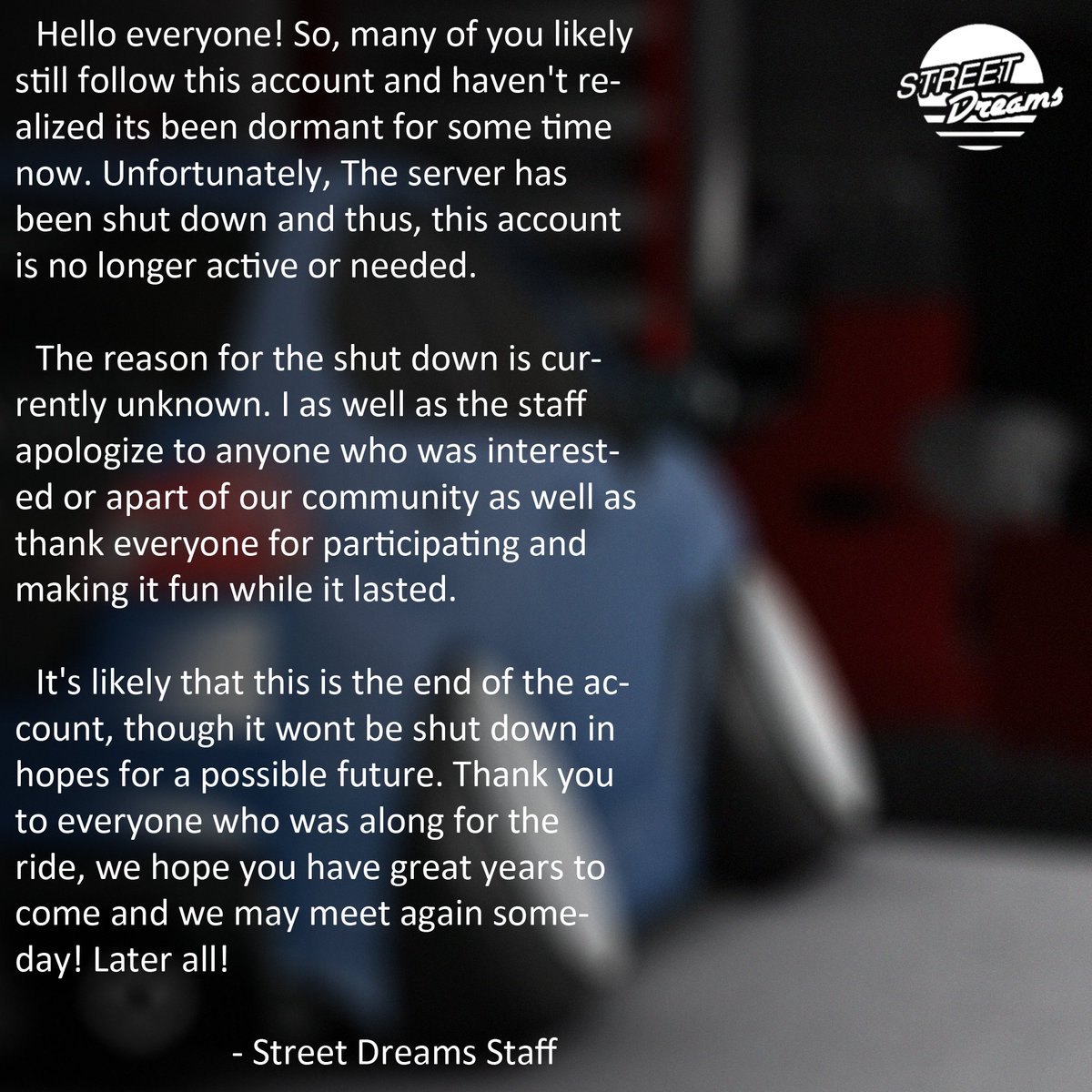 RobloxStance's tweet image. To our followers, a quick message as to what&apos;s happened to Street Dreams.