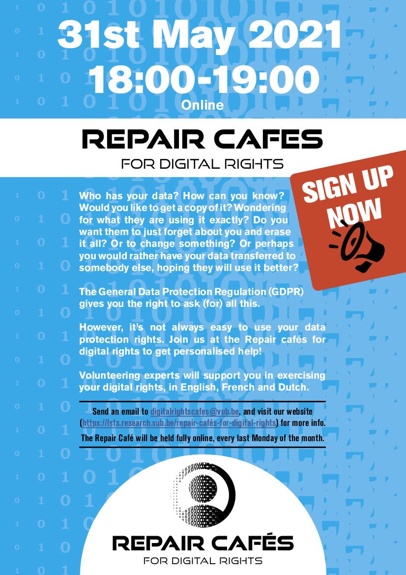 Privacy_Salon's tweet photo. Having #dataprotection problems? Facing unexpected #datarights issues? Questions on #GDPR? Help is near! Attend the @LSTSblog Repair Café for Digital Rights in #BXL on May 31 and get personalised advise in ENG/FR/NL!
https://t.co/TsdVeCZd16 https://t.co/DTJ4a7haei