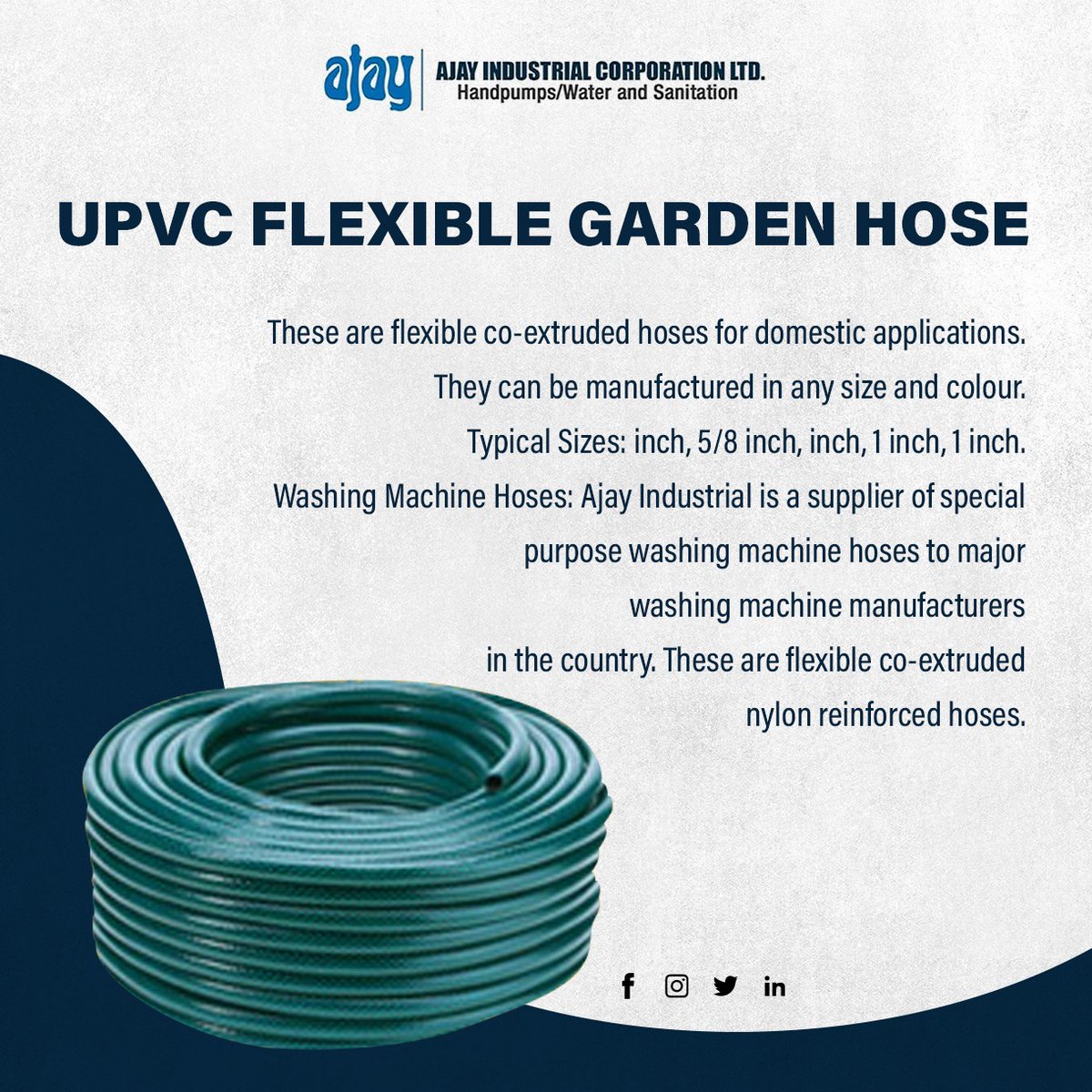 IndustrialAjay's tweet photo. Ajay UPVC Flexible Garden Hose Pipes are co-extruded in nature for domestic purposes, ideal to be used in Water Transfer. Appreciated among clients due to its durability, user-friendliness, efficiency, and strength.

#AjayPipes #GardenPipe #gardening #pipe #hosepipe https://t.co/5NCxWNlDbe