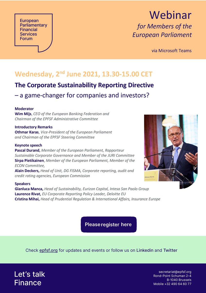 epfsf_eu's tweet photo. On the 2 June 2021 from 13.30 to 15.00, join the #EPFSFwebinar on “The Corporate Sustainability Reporting Directive - a game-changer for companies and investors?” with @othmar_karas, Pascal Durand, @spietikainen from the @Europarl_EN and @Alain_Deckers from the @EU_Commission. https://t.co/s5f0MPwQoW
