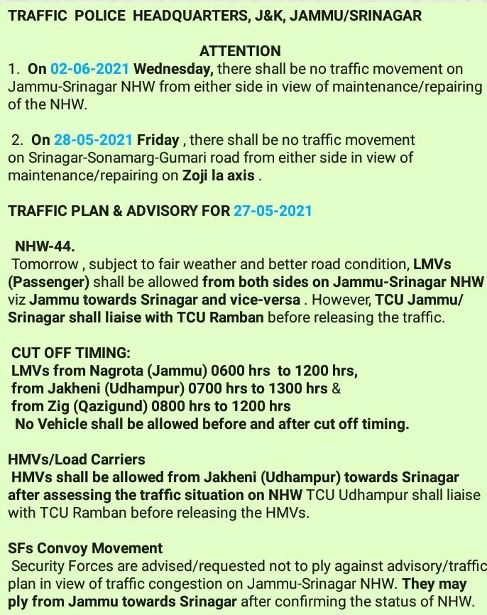 Jammu Kashmir Traffic plan for 27-05-2021
