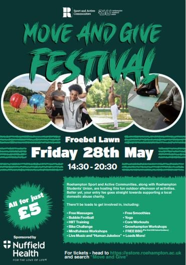 Only 2 days until the Move and Give festival! So many activities and things to try and all ticket sales go directly to local charity! 

tickets still available on link below 

estore.roehampton.ac.uk/product-catalo…