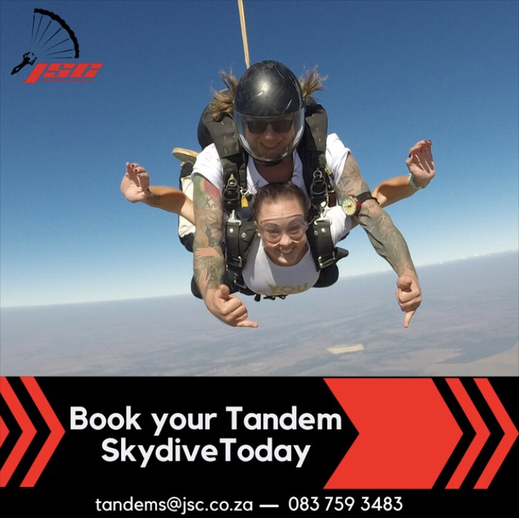 Is your partner's birthday coming up... Don't know what to get them? Why not buy a voucher for a tandem skydive? 

R2280 No cam 
R2680 Handy cam
R3090 External cam
R3240 Deluxe cam

jsc.co.za/tandem-skydivi…

#JSC #Skydiving #Tandemskydiving #skydivingclub
